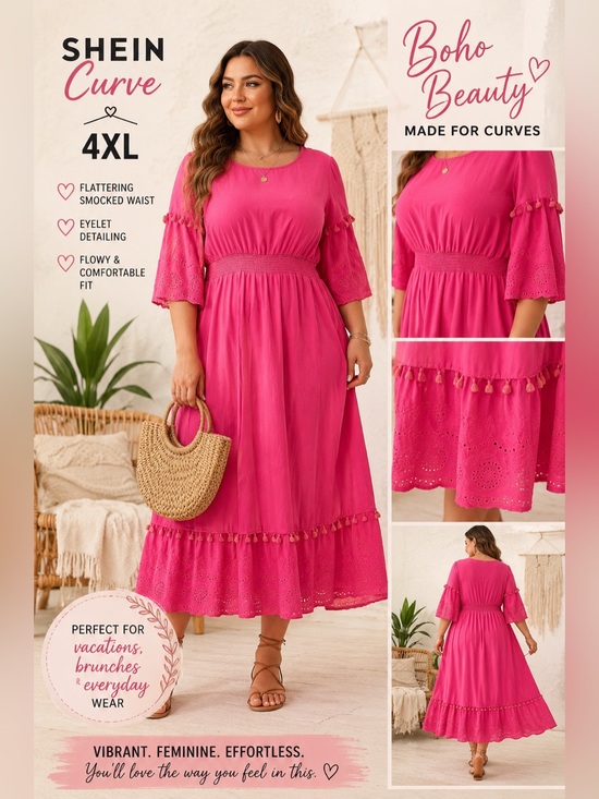 SHEIN Dresses & Skirts - 4XL Hot Pink Smocked Waist Eyelet Maxi Dress Boho Cottagecore